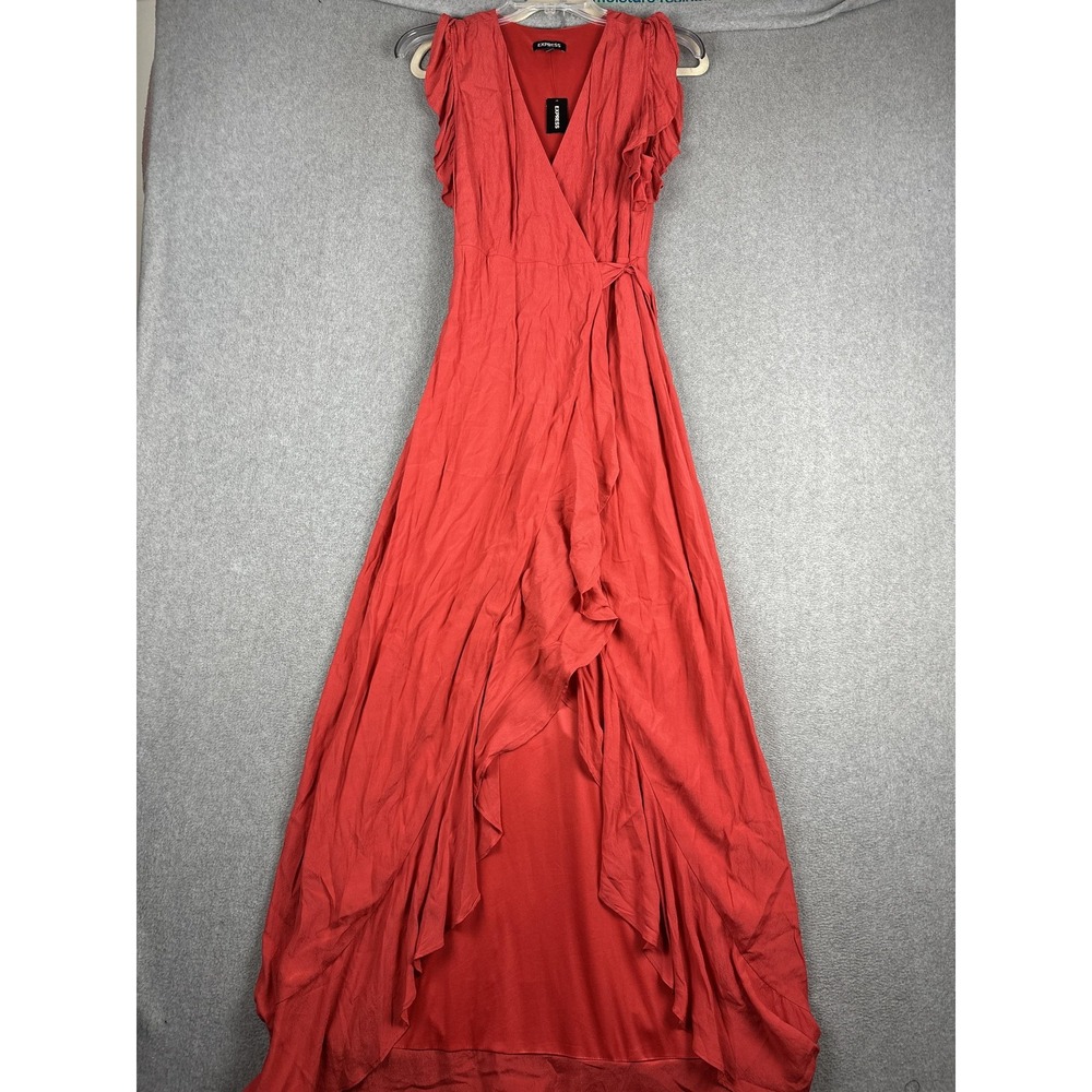 Express Dress Womens XS Red Wrap Ruffle Maxi Flutter Sleeve Lined Party NWT
